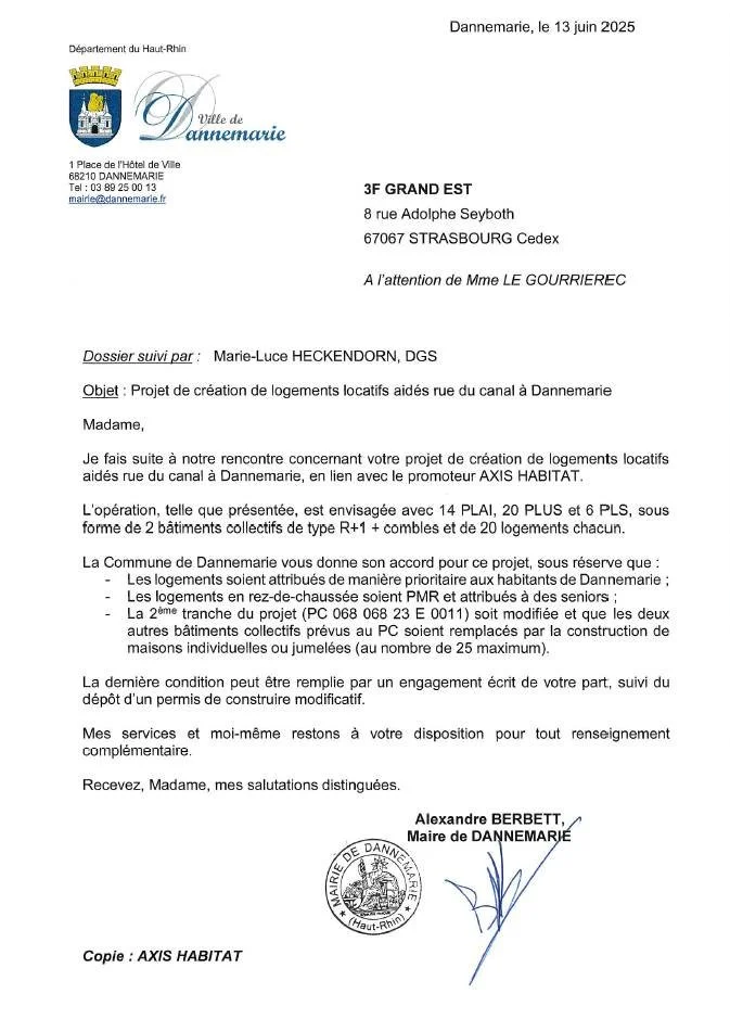 Lettre officielle de la mairie de Dannemarie, datée du 13 juin 2025, adressée à l'attention de Mme Le Gourrierec, concernant un projet de création de logements locatifs aidés rue du canal à Dannemarie.