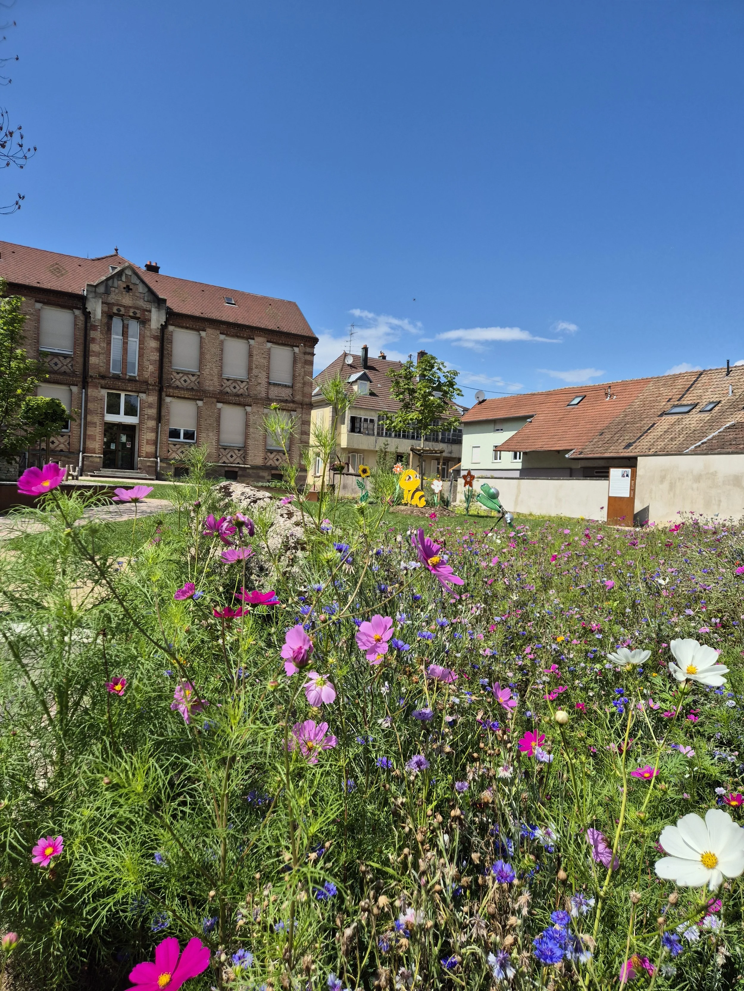 Jardin fleuri avec des fleurs roses, blanches et violettes sous un ciel bleu avec quelques nuages, des bâtiments résidentiels en arrière-plan.
