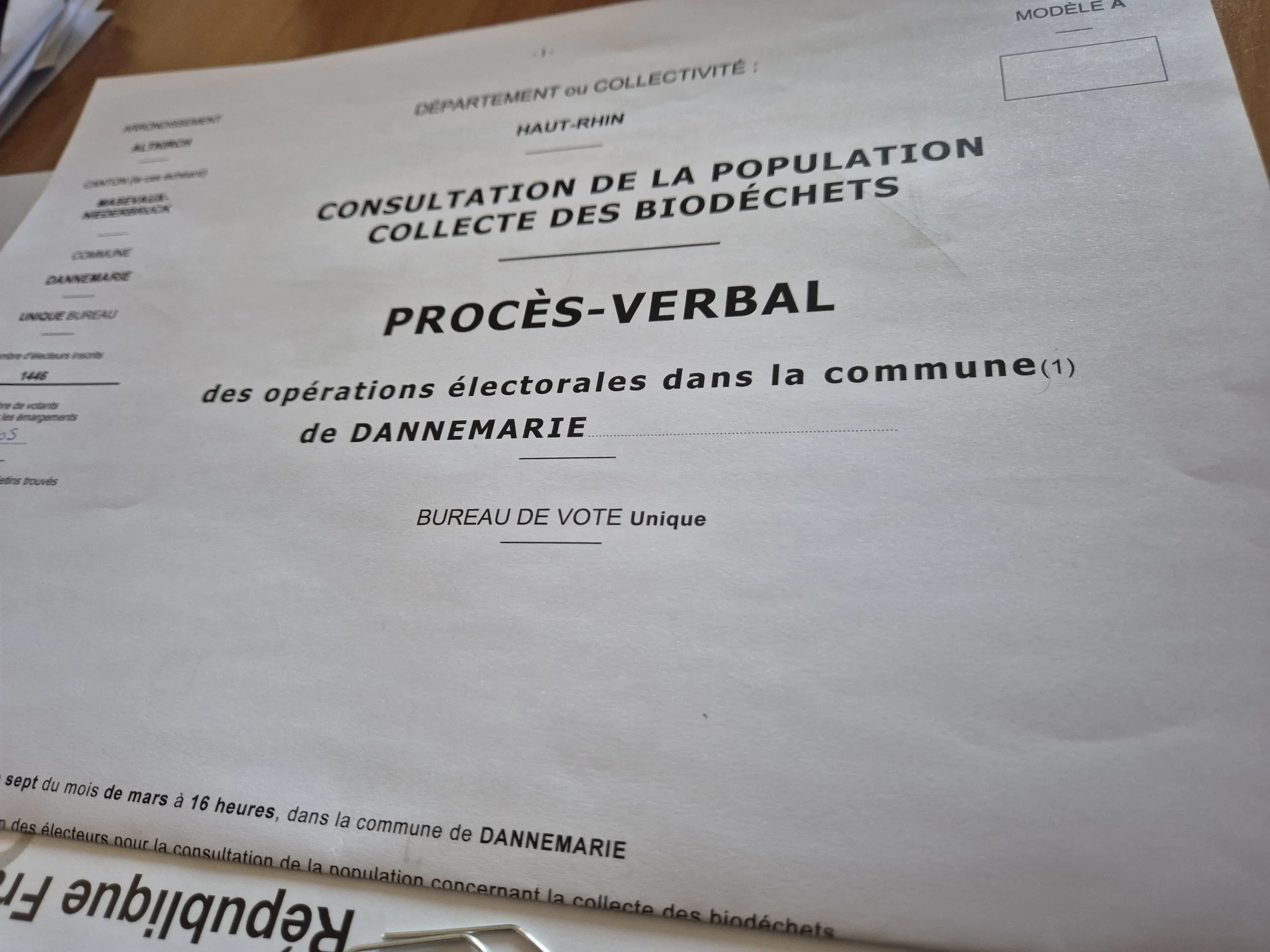 Page de document officiel de consultation de la population à Dannemarie, avec titre 'Procès-verbal des opérations électorales dans la commune de Dannemarie'.