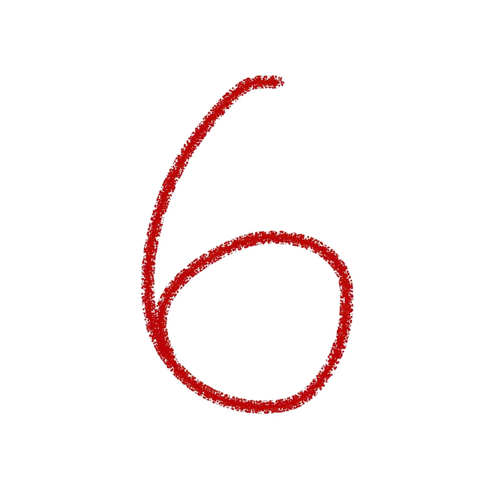 Red number six drawn with a textured effect on a white background.
