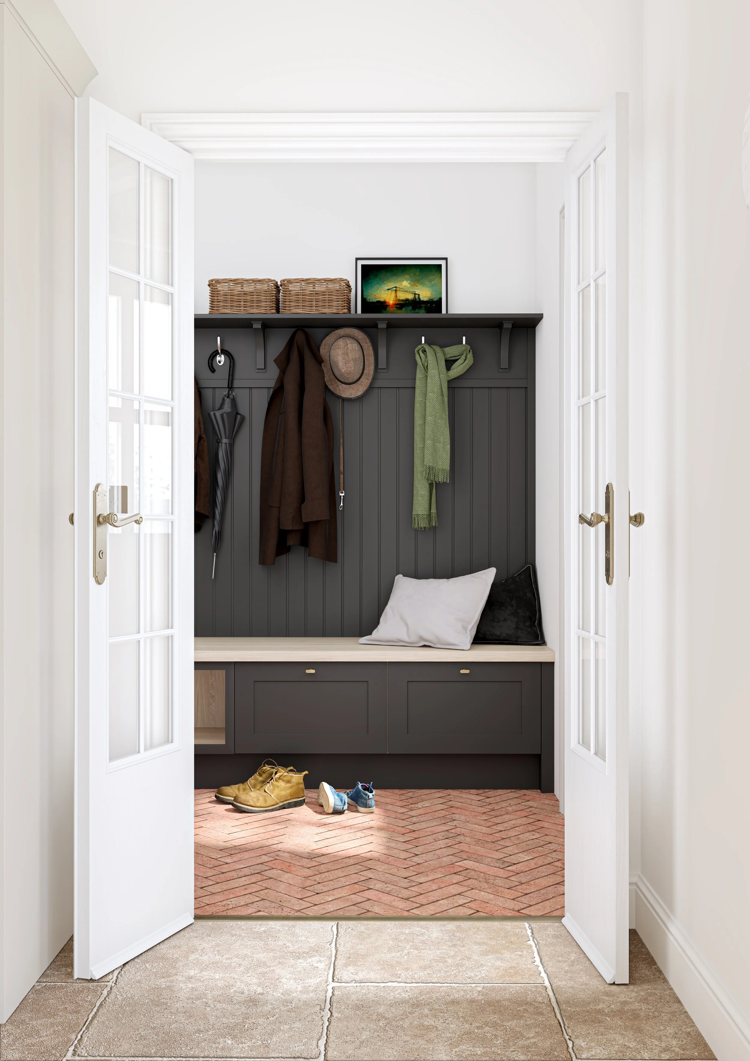 Entryway with coat hooks, wicker baskets on a shelf, a framed picture, a small bench with cushions, and two pairs of shoes on terracotta tiled floor.