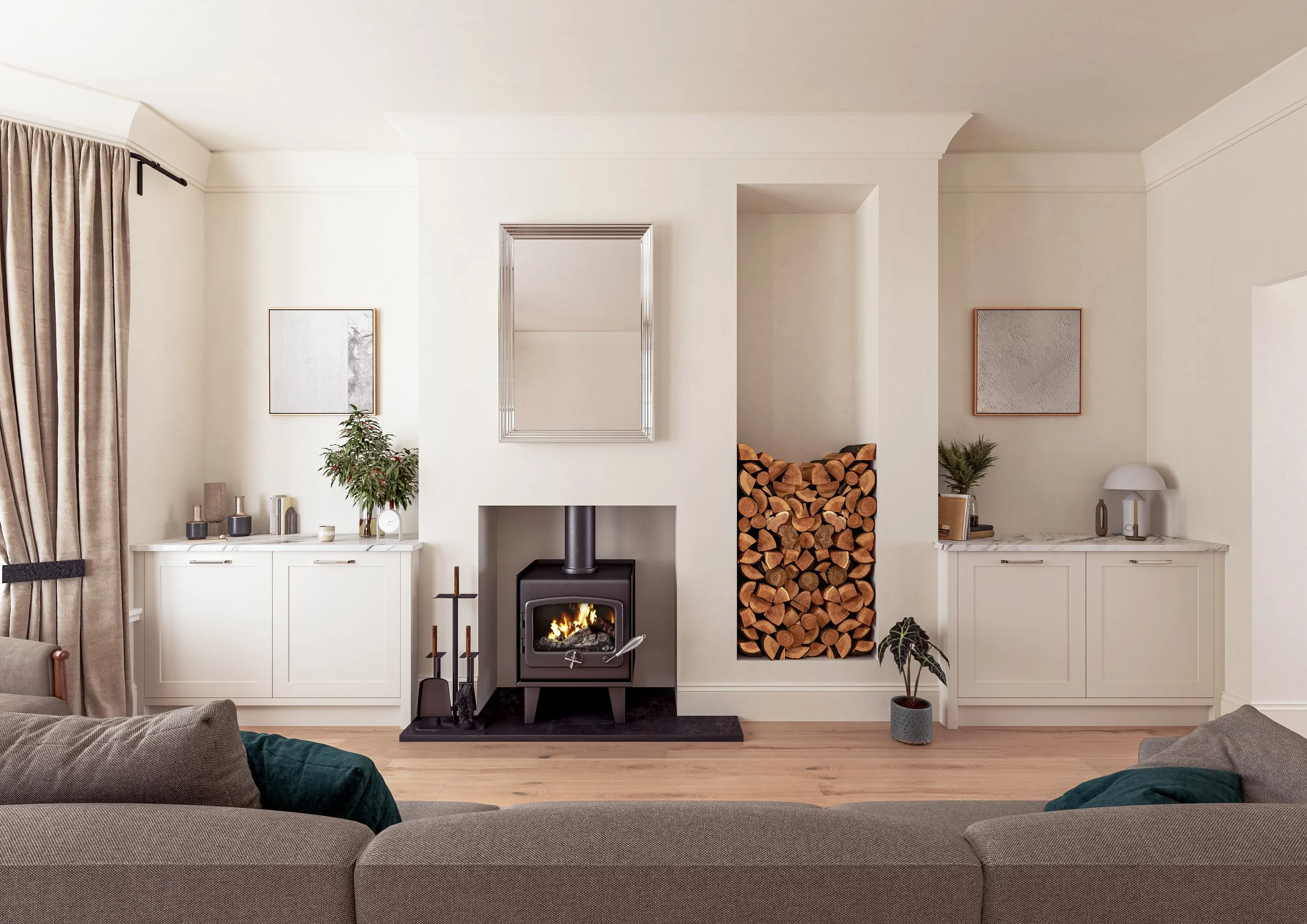 Living room with a fireplace, wood storage, and modern furniture, beige walls, and hardwood floors.
