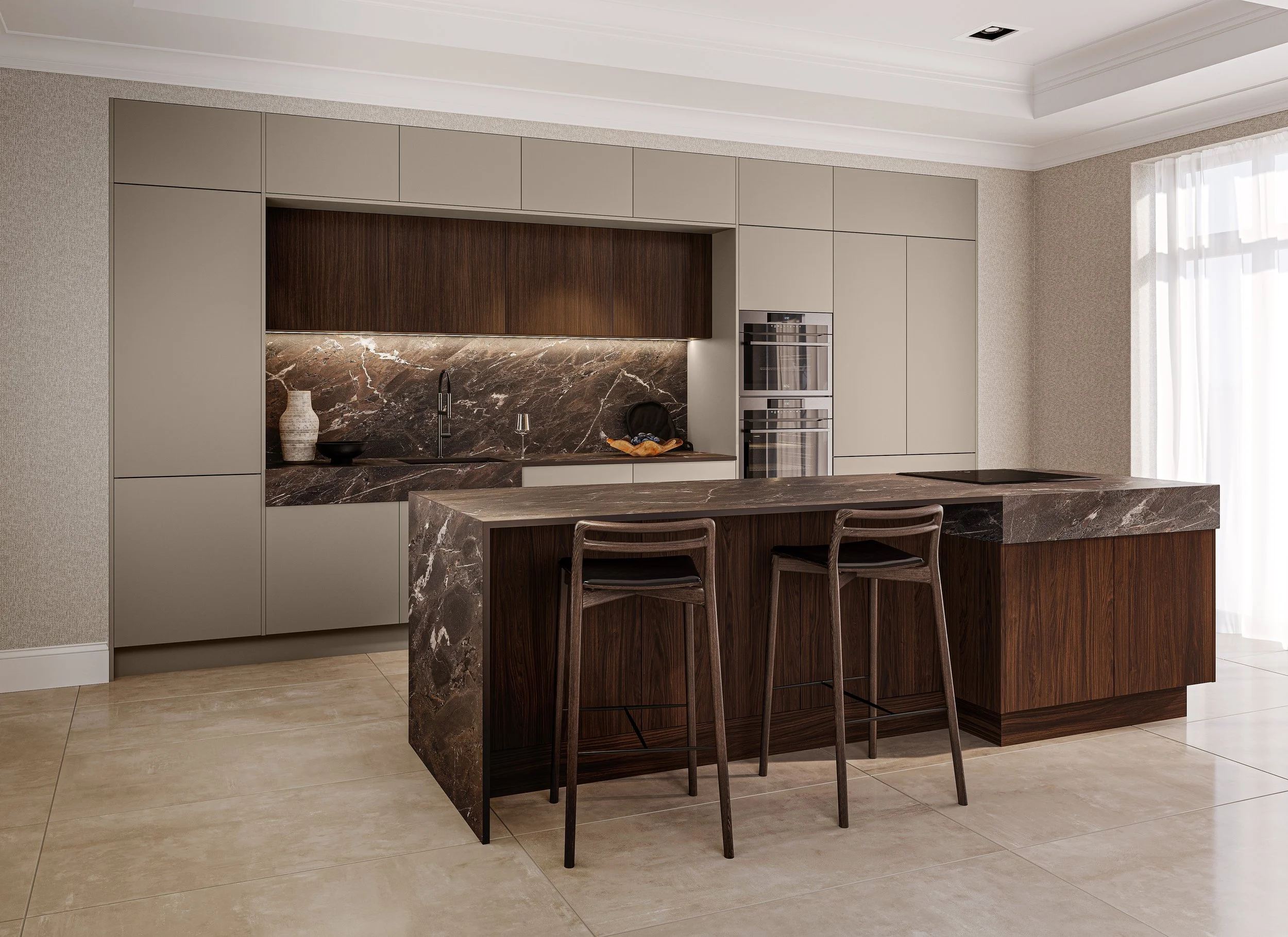 Modern kitchen with beige and dark wood cabinets, marble backsplash and countertop, two chairs at marble kitchen island, large window with white curtains.