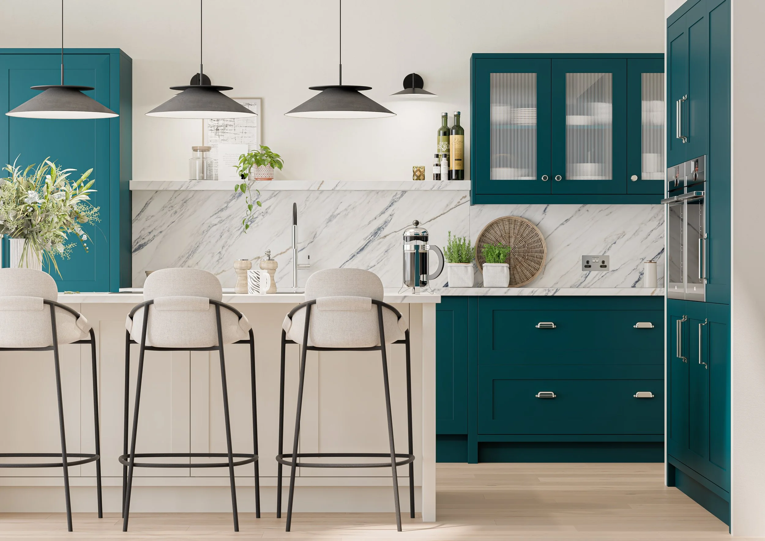 Modern kitchen with blue cabinets, white marble countertops, and pendant lighting. Contains a kitchen island with beige barstools, plants, and kitchen appliances.
