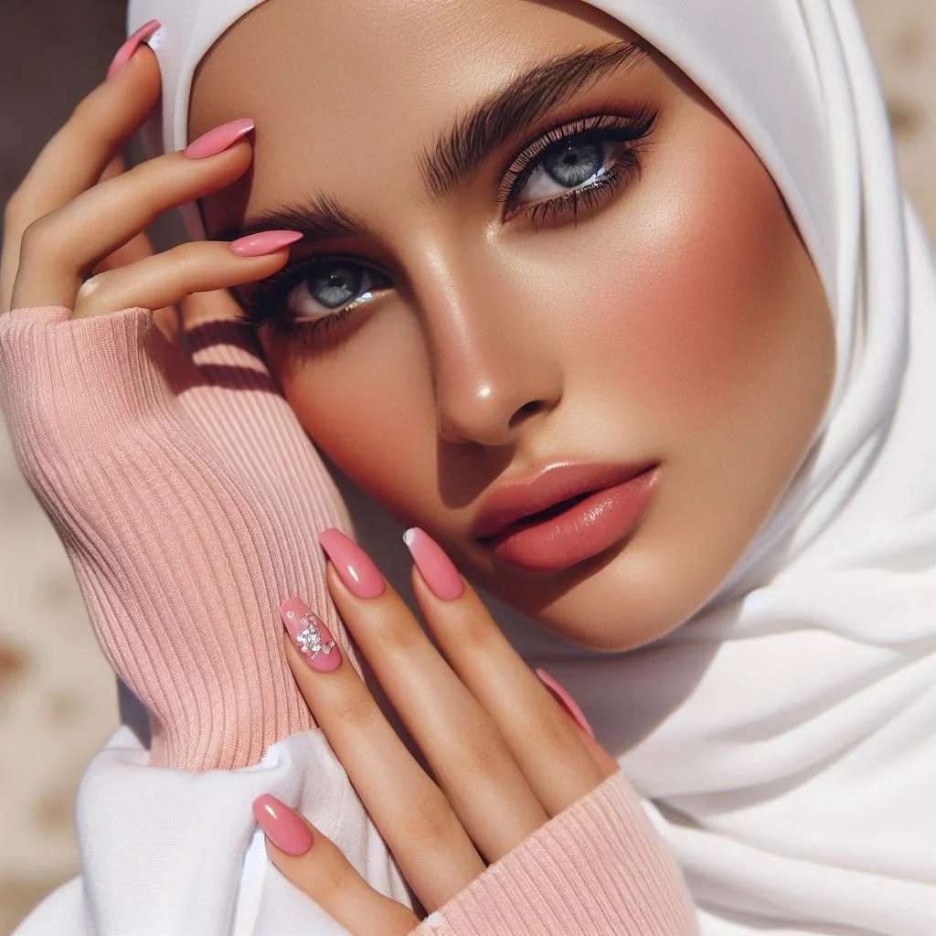 Close-up of a woman with blue eyes, makeup, pink nails, wearing a white headscarf and pink sweater, touching her face with one hand.
