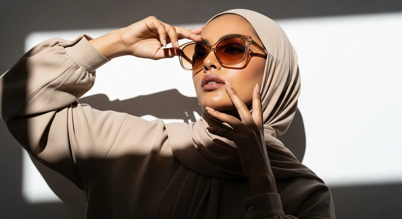 A woman wearing a beige hijab and large sunglasses, touching her face with one hand and adjusting her sunglasses with the other.