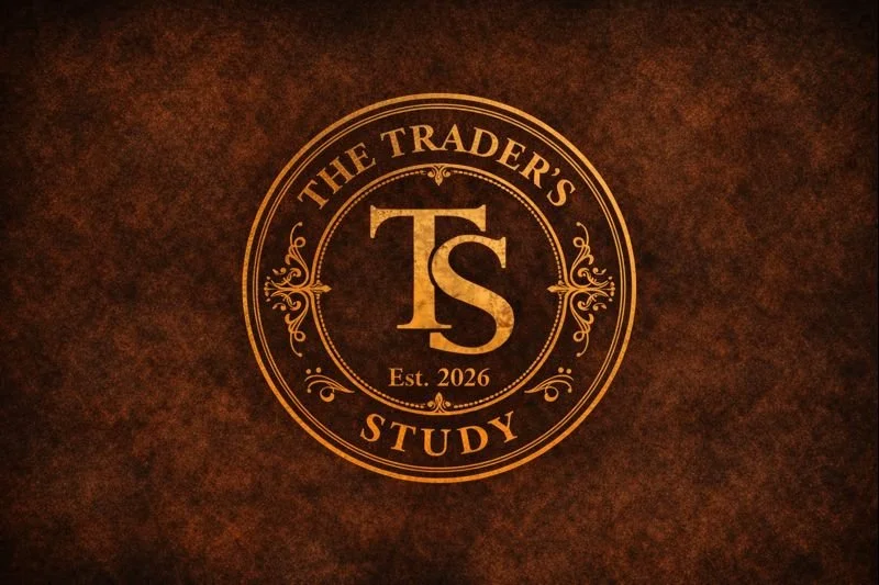A circular emblem with the text 'The Trader's Study' and 'Est. 2026', featuring decorative flourishes and the initials 'TS' in the center, on a textured brown background.