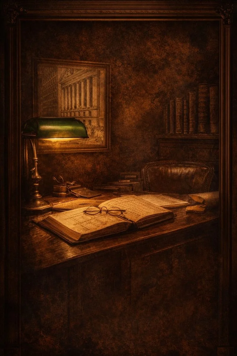 A vintage-style wooden desk with an open book and reading glasses on top, a green banker’s lamp, a leather chair, framed artwork of a building façade, and books on shelves in a dimly lit, cozy office or study.