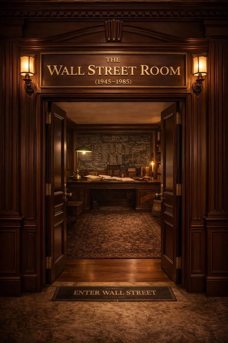 Entrance to a room called 'The Wall Street Room' with a sign indicating the years 1945-1985, featuring a polished wood interior, two wall-mounted lamps, a chalkboard with writing behind a desk, and a rug on the floor.