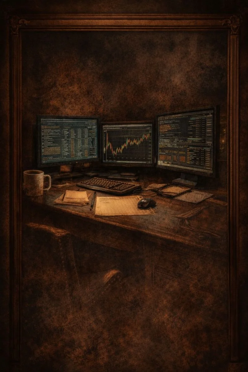 A trading or stock monitoring workstation with three monitors displaying financial graphs and data, a keyboard, mouse, notebook, pen, coffee mug, and notepads on a wooden desk.