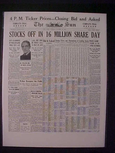 A black and white newspaper titled 'The Sun' with headlines about stock market activity, including 'Stocks Off in 16 Million Share Day,' and various financial news stories.