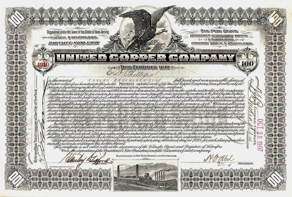 A vintage stock certificate from the United Copper Company, dated October 28, 1907, featuring an eagle illustration at the top and detailed ornamental borders.