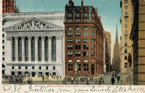 A historic colorized photo of Wall Street in New York City, showing the New York Stock Exchange building, other tall buildings, and people walking on the street.