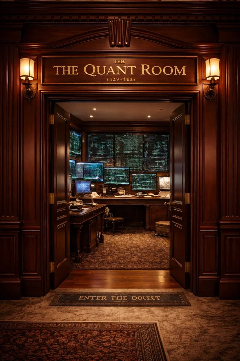Wood-paneled door with a sign reading "The Quant Room" leading into a high-tech office with multiple monitors and computers inside