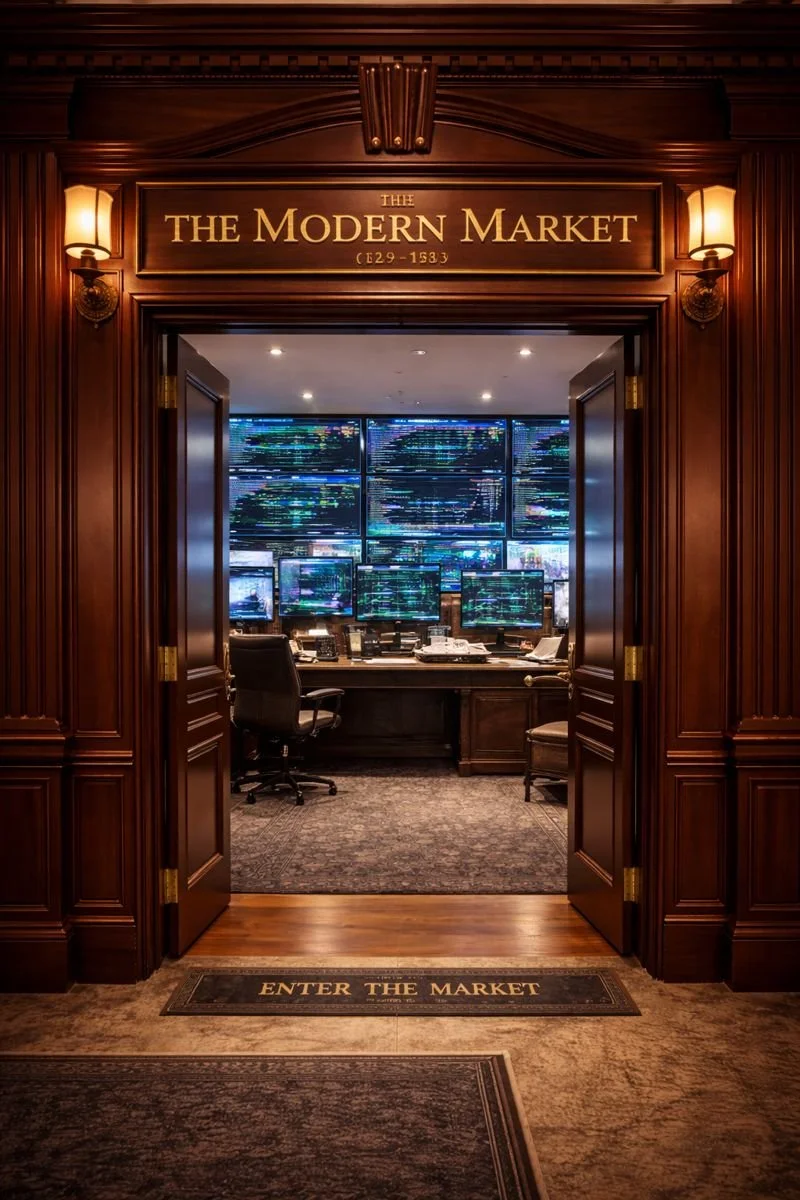 Entrance to a room labeled "The Modern Market," with a sign that reads "Enter the Market" on the floor mat. The room has wood-paneled walls, warm lighting, and multiple monitors displaying data screens inside.
