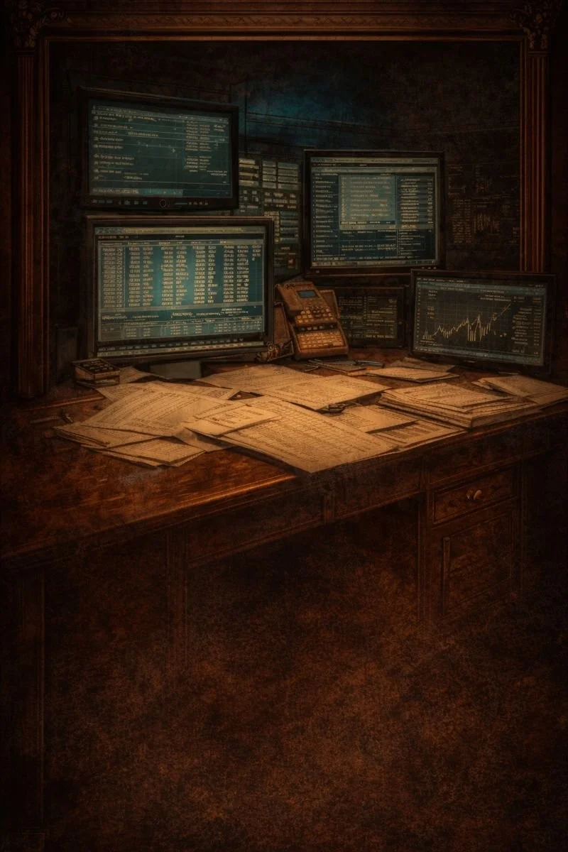 Desk with four computer monitors displaying stock market data, chaotic piles of papers, and an old telephone on a dark wood desk with a matching wood backdrop.