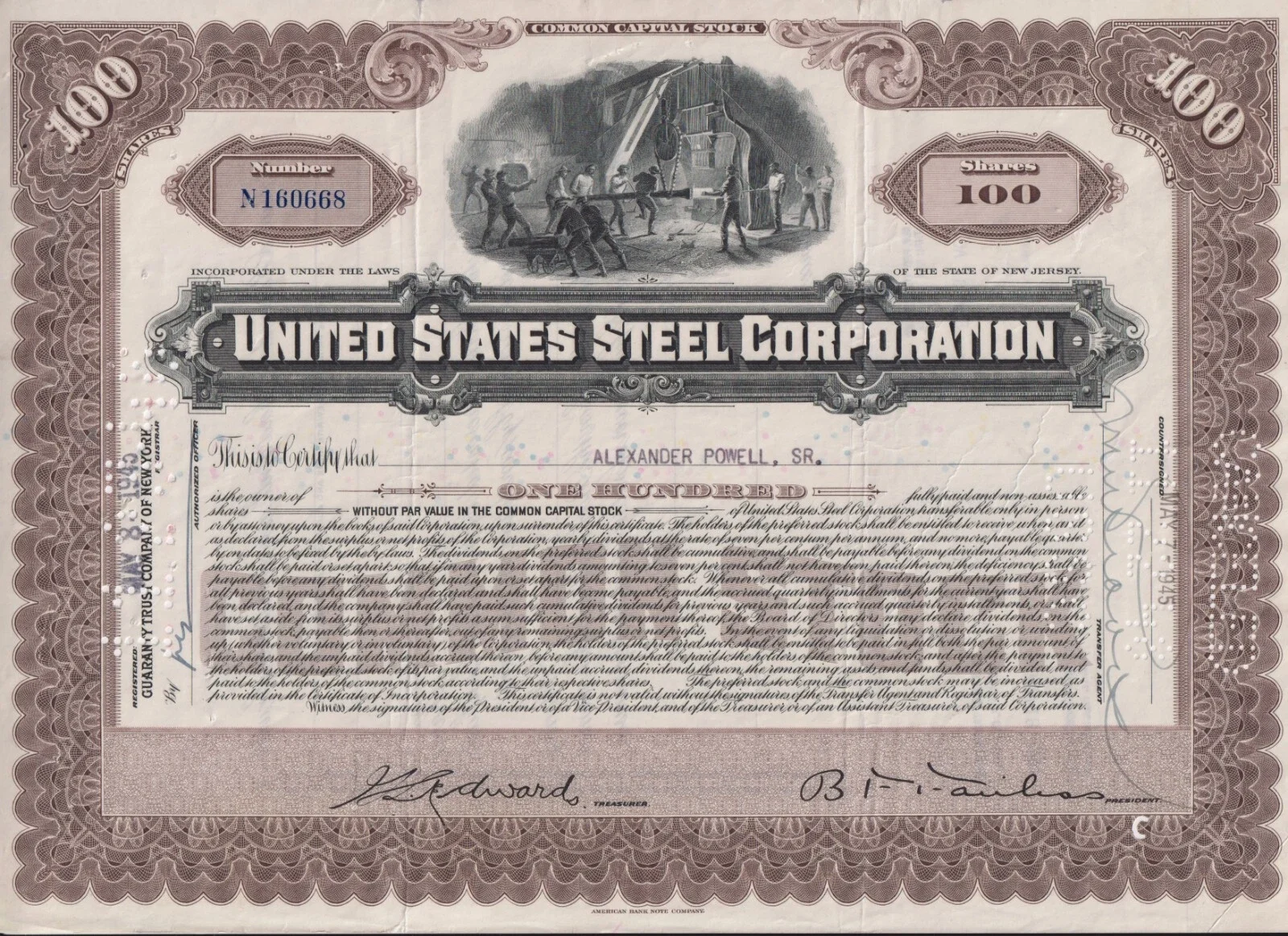 Stock certificate from the United States Steel Corporation featuring a detailed engraved illustration of miners working in a steel production plant.