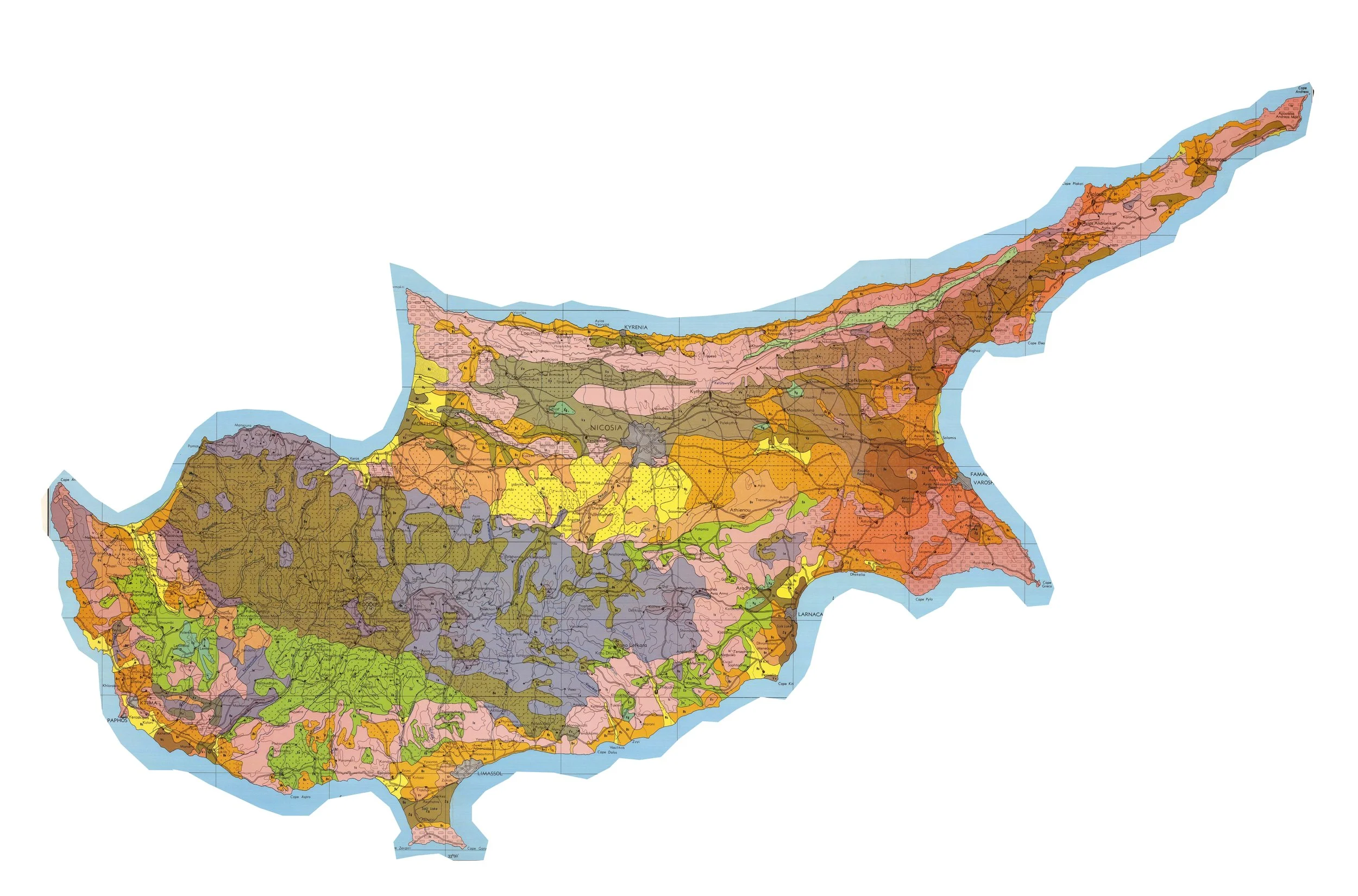 Color-coded geological or topographical map of Cyprus showing regions, terrain, and boundaries with labels for some locations.
