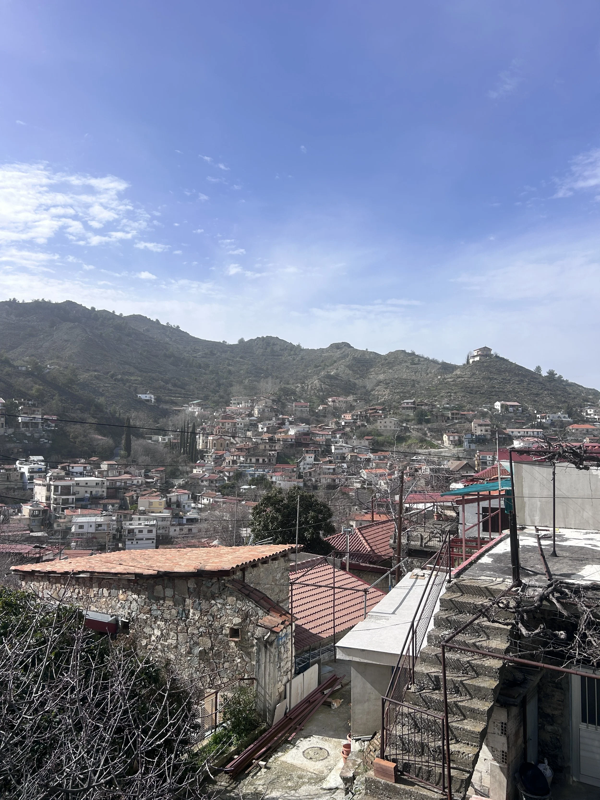 View of a hillside town with numerous houses and buildings, some with red-tiled roofs, under a partly cloudy sky.