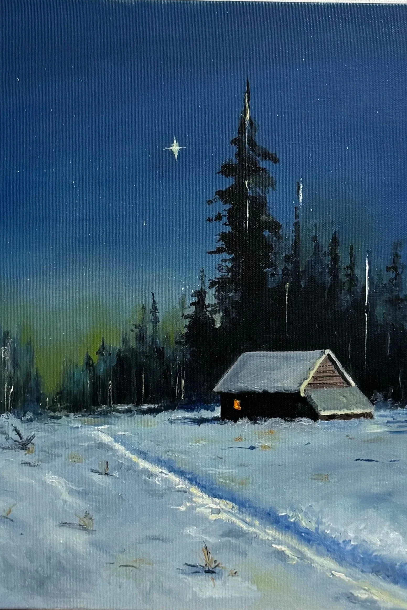 *The Cabin That Kept His Secrets*
$499 USD

( Inspired by the isolated cabin that appears in my psychological thriller, this painting captures the silence, solitude, and uncertainty that shape one of the story's most pivotal settings.)  


Details
Or
