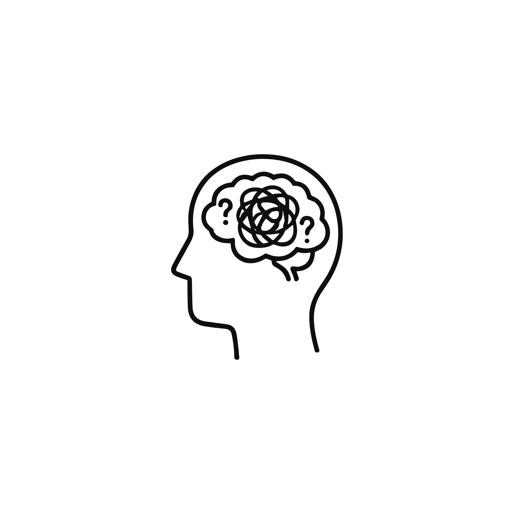 Ilustración simple de un perfil de cabeza con un cerebro enredado y signos de interrogación, representando la complejidad del pensamiento.