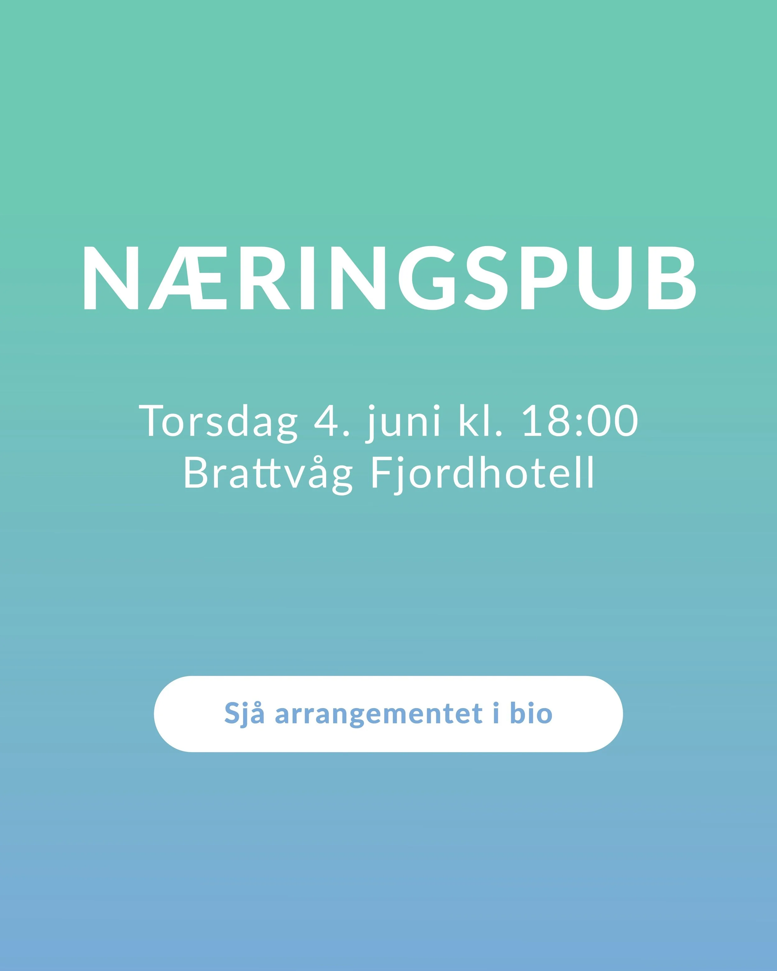 Sett av datoen! Neste n&aelig;ringspub blir torsdag 4. juni, p&aring; @brattvaagfjordhotell 🎉

N&aelig;ringspub er ein sosial arena kor du kan treffe n&aelig;ringslivet, f&aring; fagleg input og bli kjent med andre som bur og jobbar her p&aring; Nor