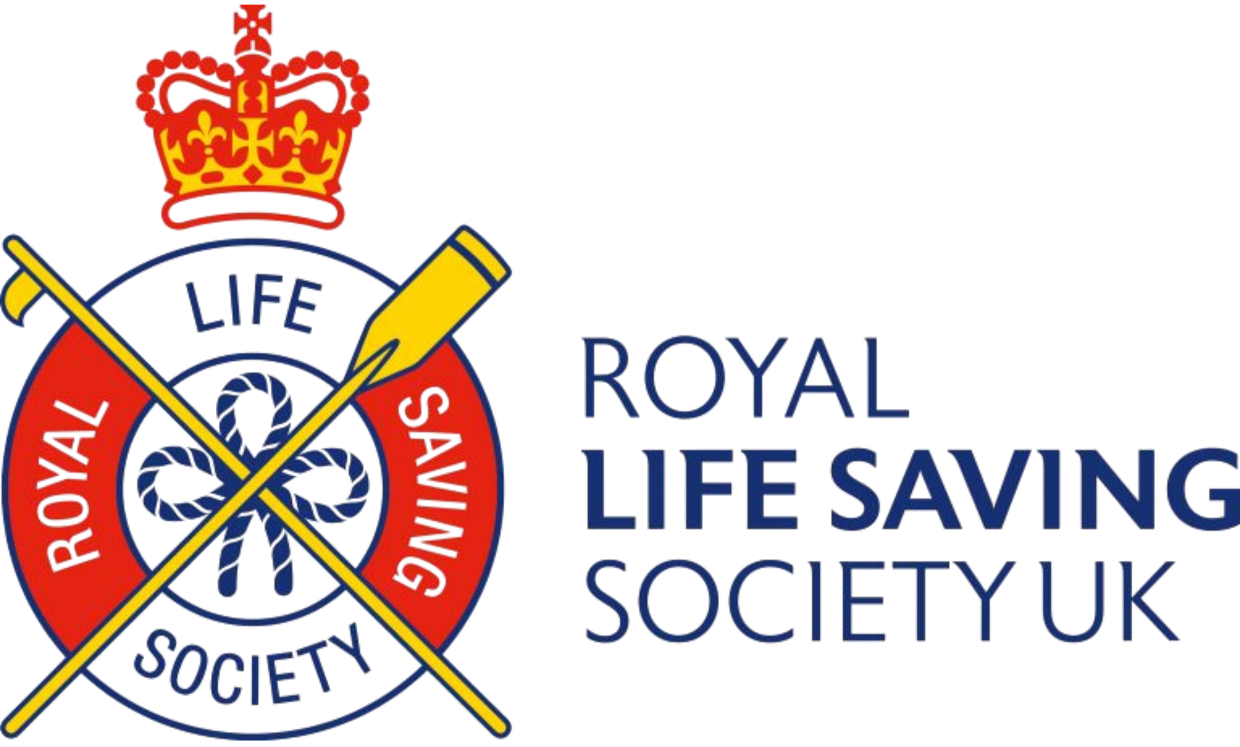 Logo of the Royal Life Saving Society UK featuring a red crown, a crest with a lifesaver and crossed baton, and the organisation's name in blue text.
