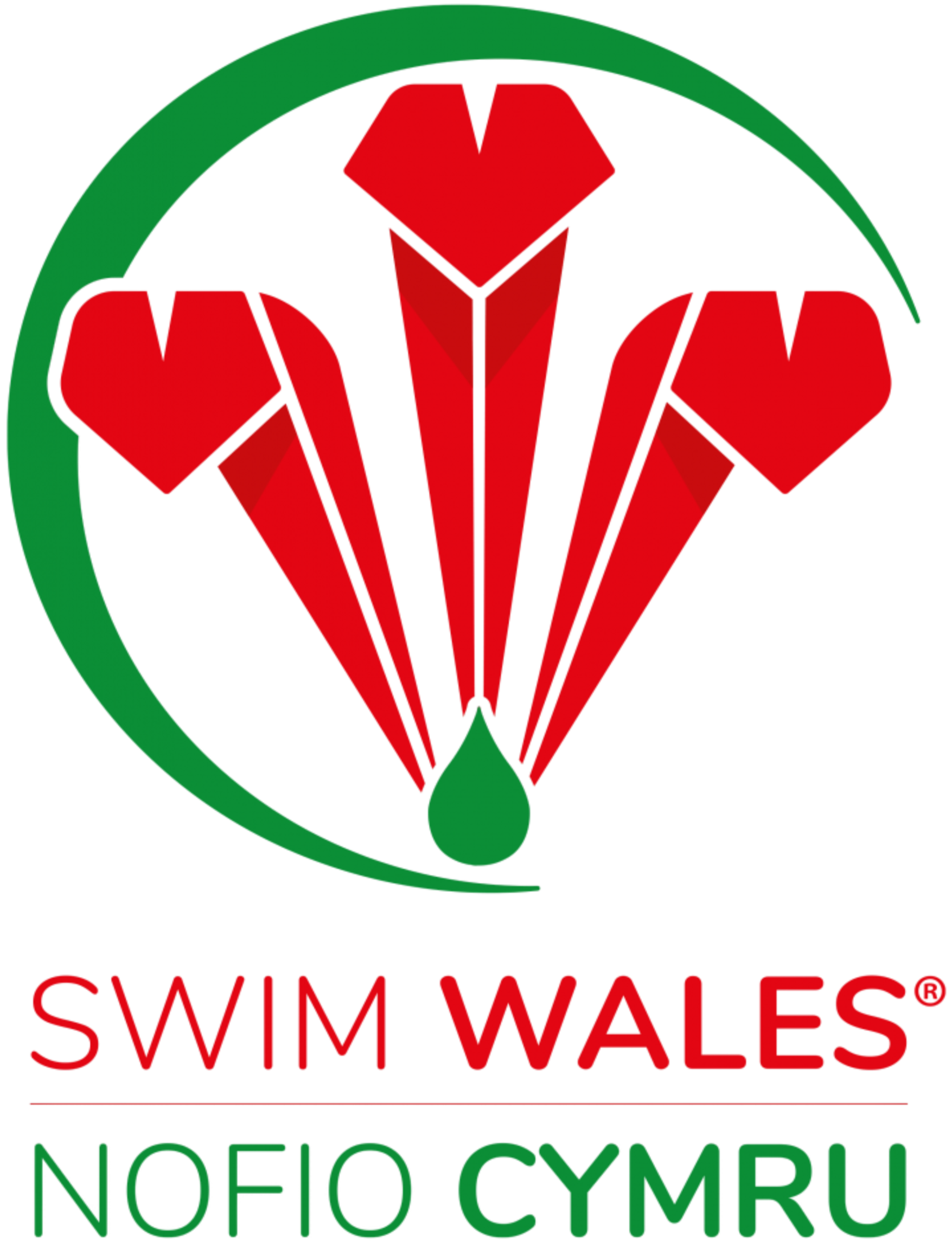The Swim Wales logo features a green circle with a stylised red crest. Below, the text says the English "SWIM WALES" in red and the Welsh "NOFIO CYMRU" in green.