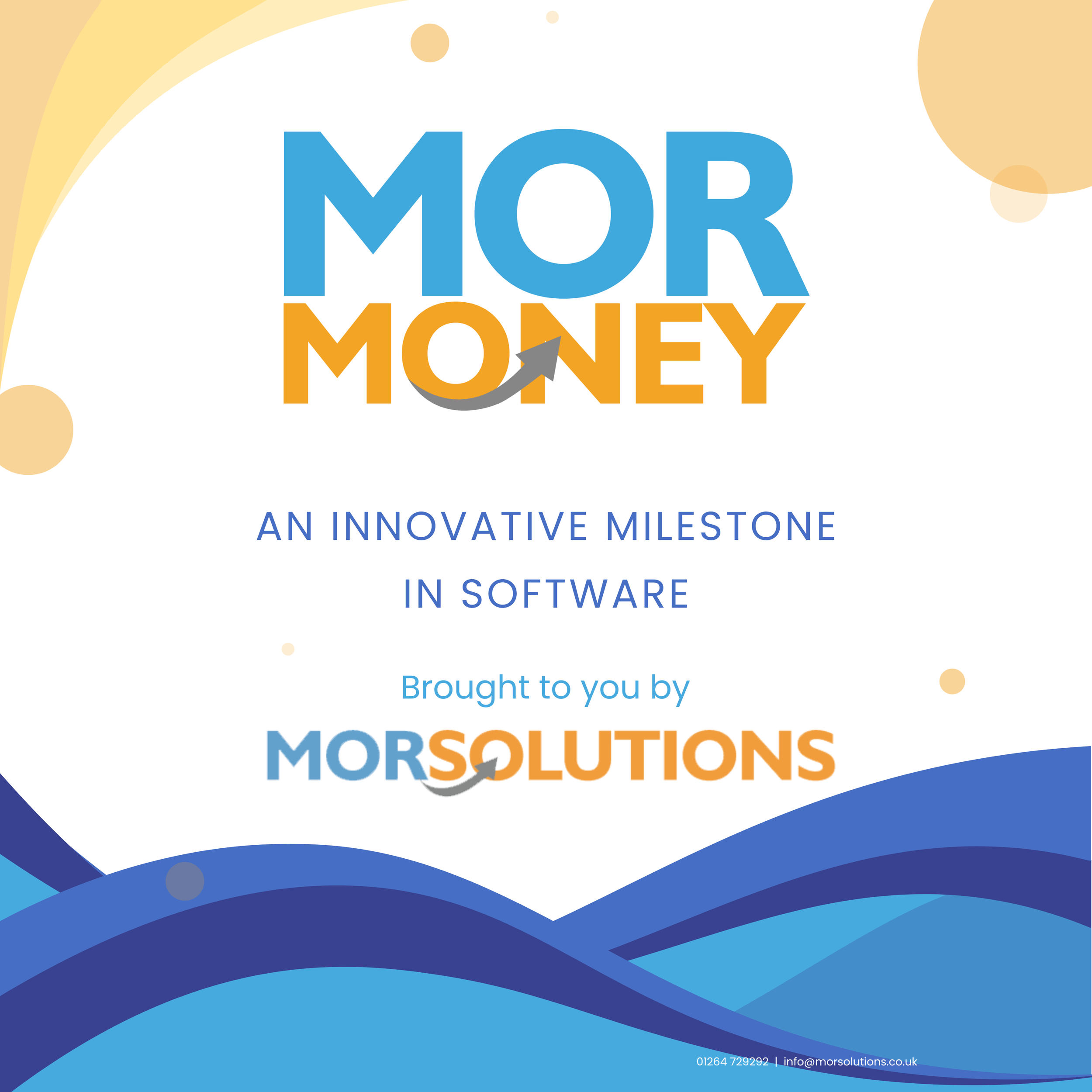 A corporate brochure cover for MOR Money, featuring a blue and orange logo with a dollar sign arrow, with a subtitle about innovative milestones in software and the provider name MORSOLUTIONS, including company contact info.