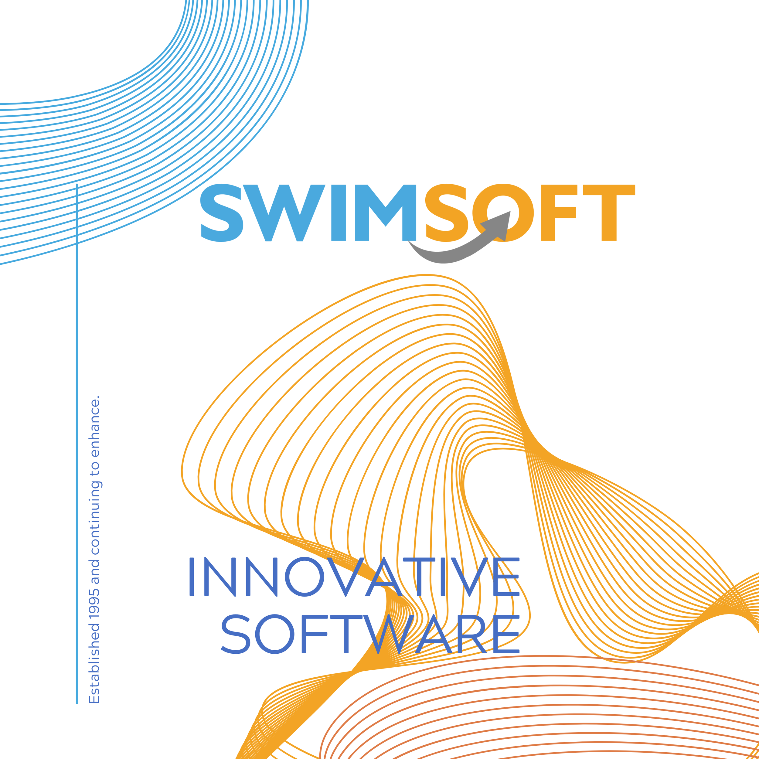 SwimSoft logo with blue and orange text, abstract orange line design, and a vertical blue line with the text 'Established 1995 and continuing to enhance' along it.