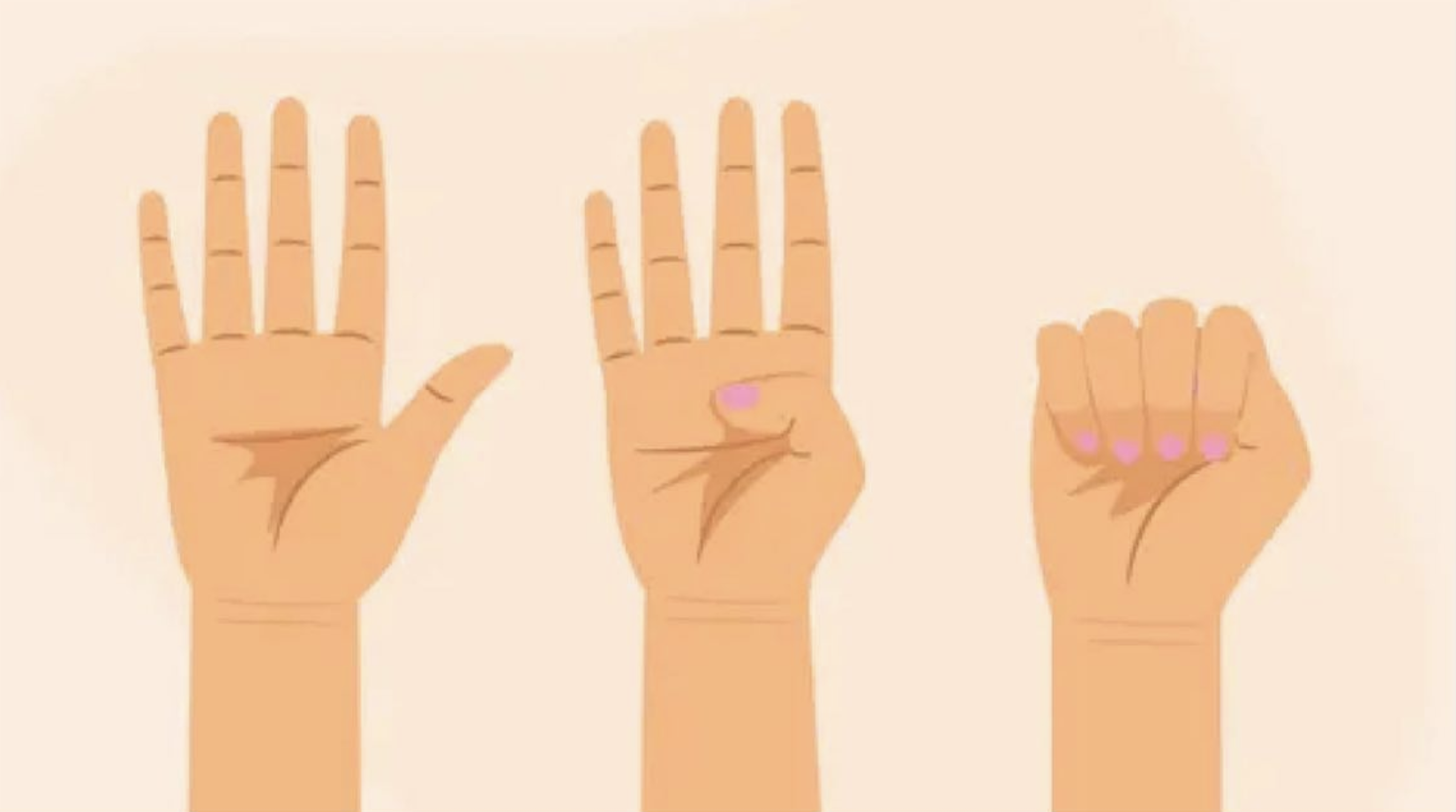 Illustration von drei Händen in verschiedenen Positionen, mit pinken Punkten auf den Fingernägeln.