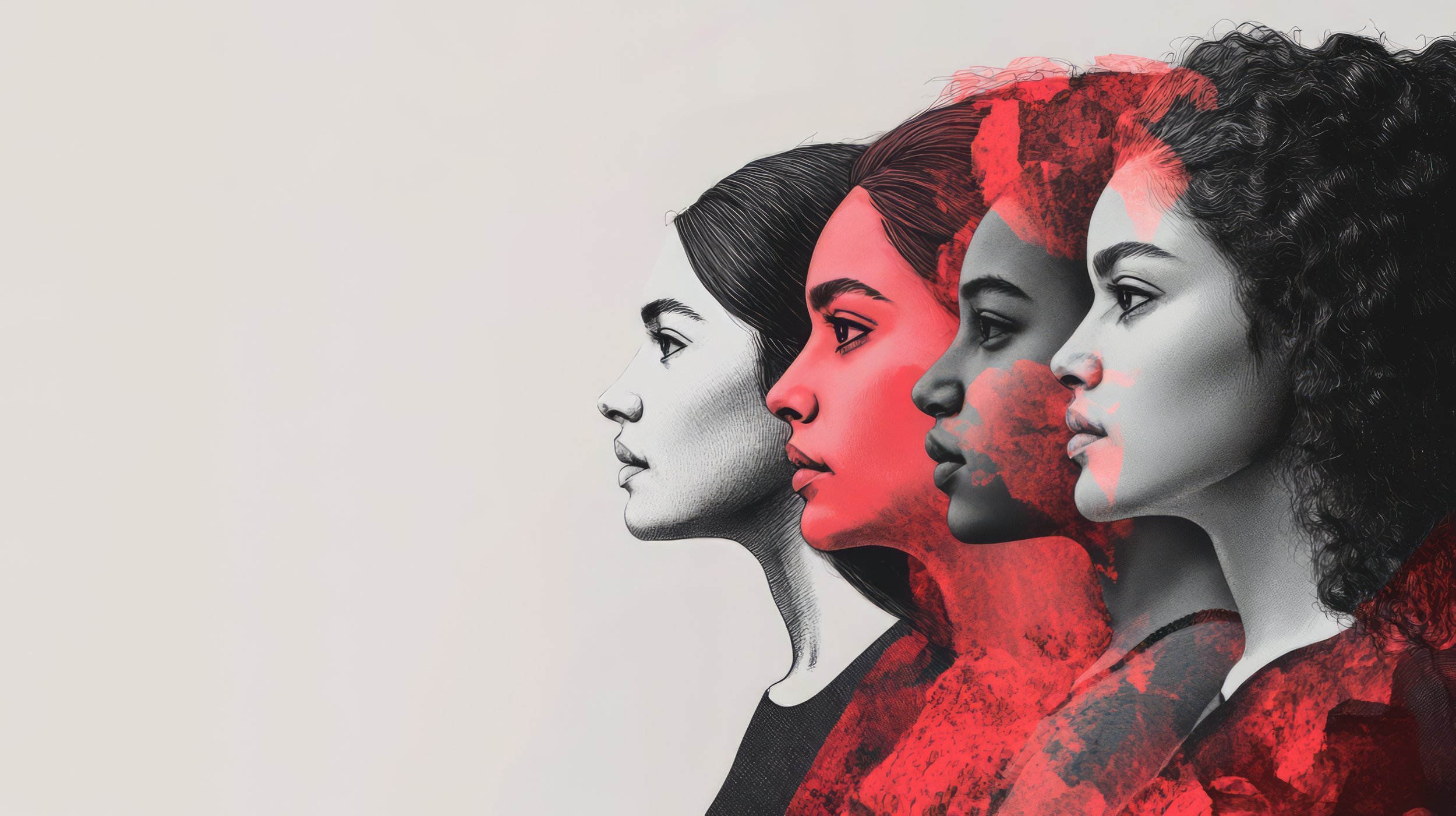 Vier Frauen in Profilansicht, teilweise schwarz-weiß und teilweise in lebendigen Rottönen, gegen einen hellen Hintergrund.