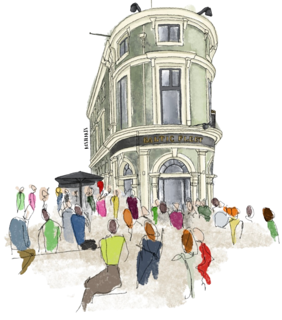 Watercolor illustration of a historic green building labeled Baltic Fleet with a crowd of people gathered outside, some sitting and some standing, in front of a sidewalk cafe.