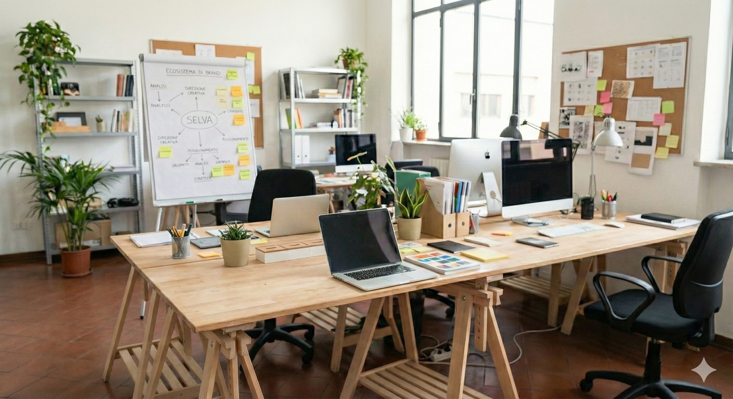 Ufficio con grandi scrivanie di legno, computer, piante e bacheche con appunti. Pareti con finestre che lasciano entrare luce naturale.