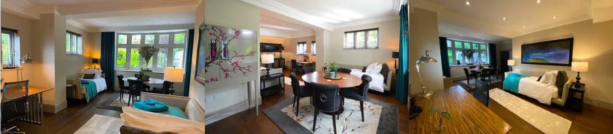 Multiple angles of a cozy living space with modern decor, large windows, and comfortable furniture, including sofas, chairs, and a dining table, with decorative artwork and lighting.