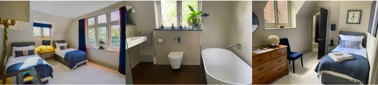 Three bedroom interior images with different setups, a bathroom with a bathtub and toilet, and a cozy hotel or guest room with beds and furniture.