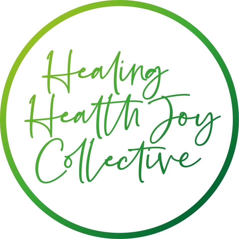 A circular logo with a green gradient border and the words 'Healing Health Joy Collective' written in green script inside.