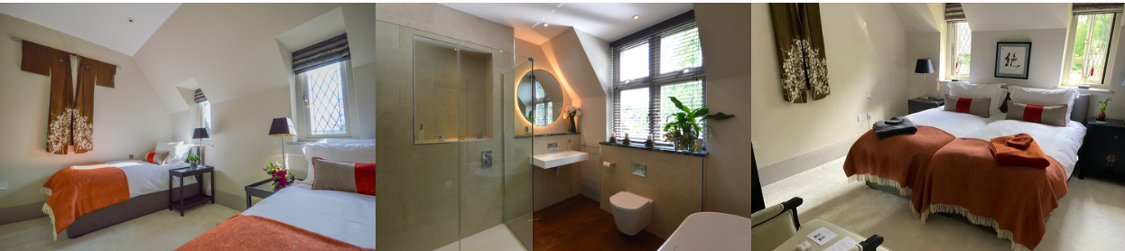 Two bedrooms, one bathroom, and a bathroom sink in a nice, clean, well-lit hotel or Airbnb rental.