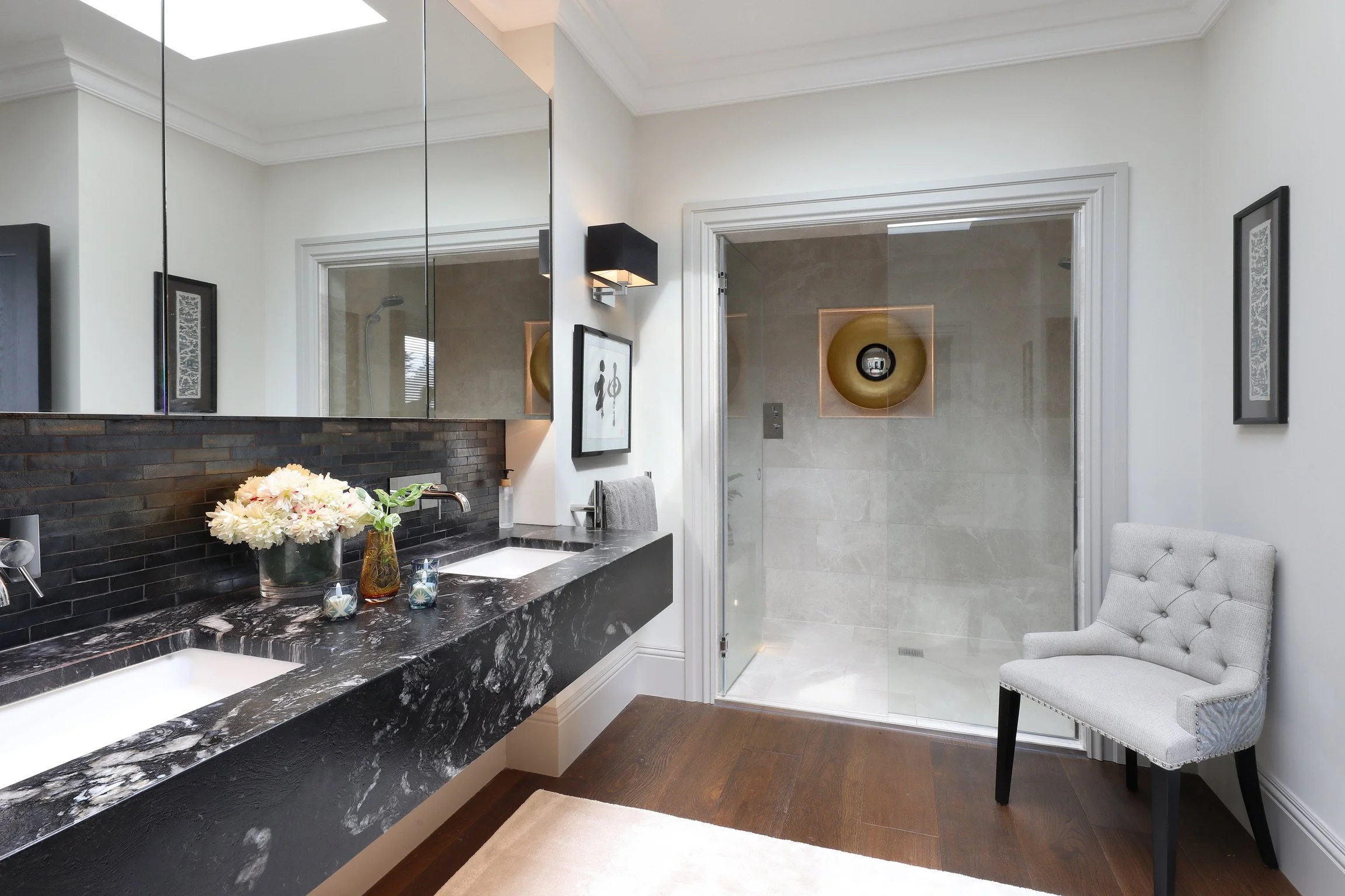 The ensuite to the River Suite with walk in shower and roof light