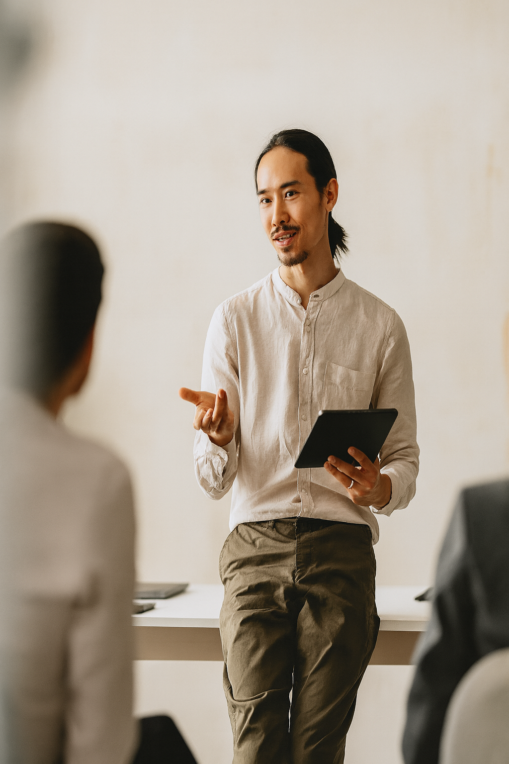 Man speaking during a presentation or meeting, holding a tablet, in a formal setting with colleagues.