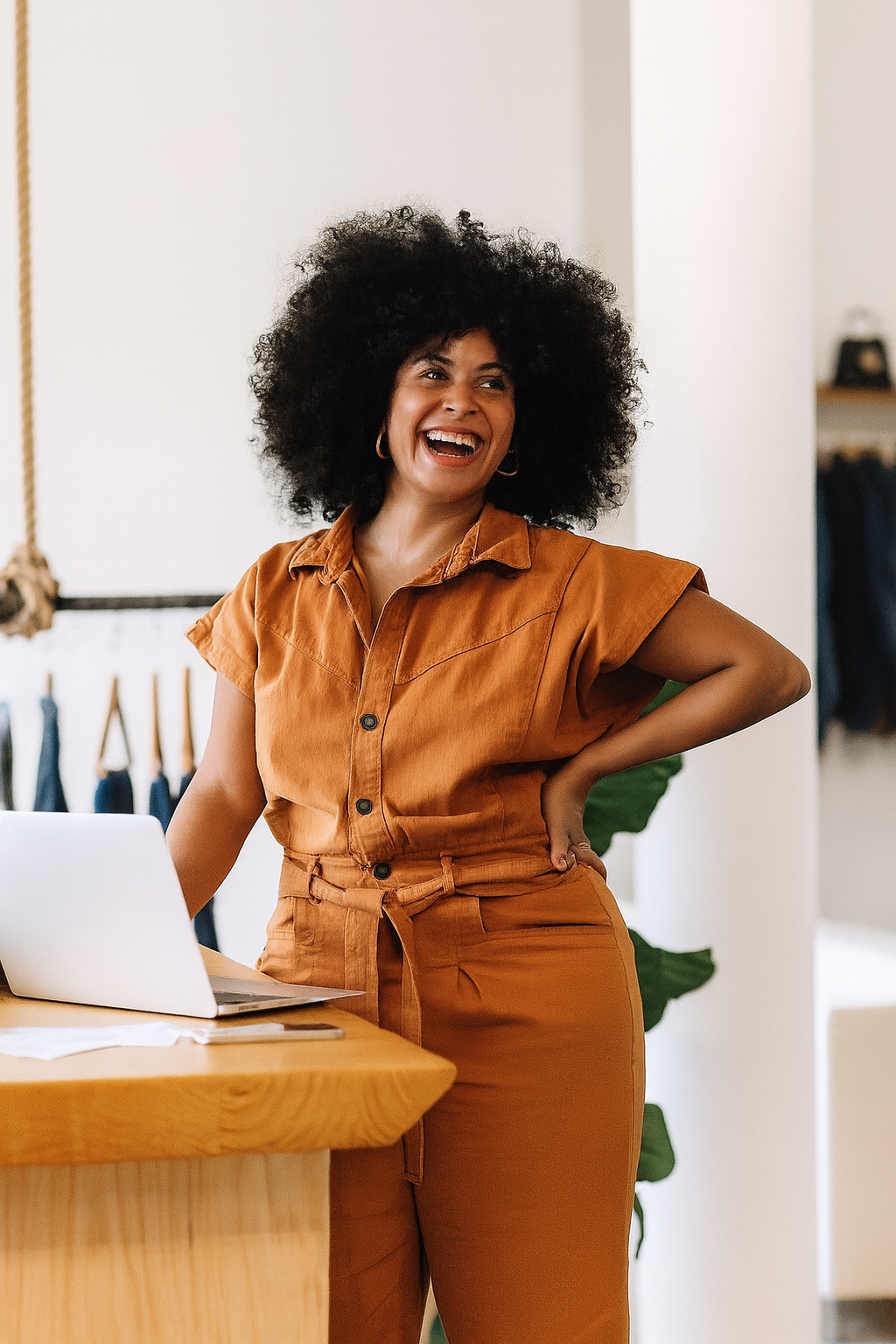 A woman with curly black hair smiling and standing with one hand on her hip in a clothing store, wearing a matching brown outfit.