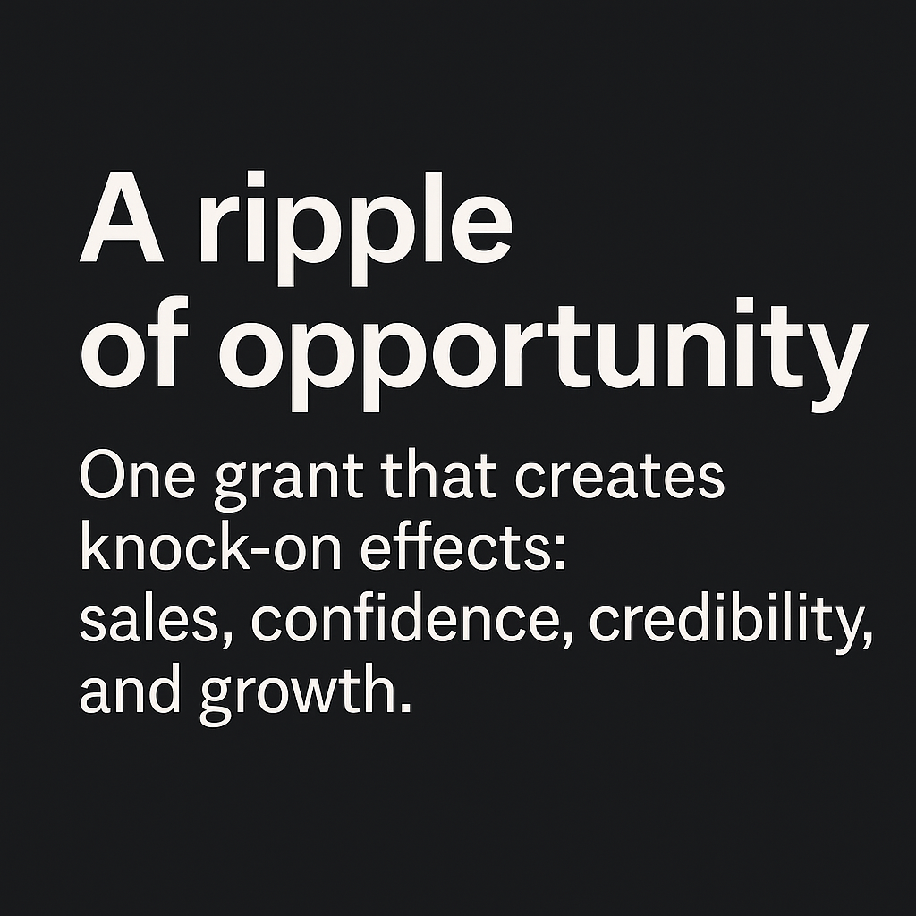 A quote about opportunities, saying "A ripple of opportunity. One grant that creates knock-on effects: sales, confidence, credibility, and growth."