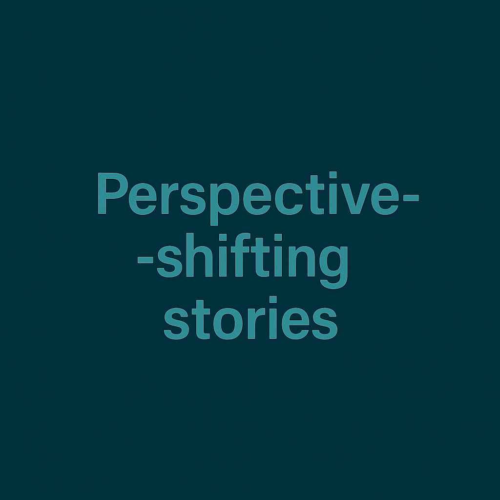 Text on a dark blue background that reads 'Perspective-shifting stories'