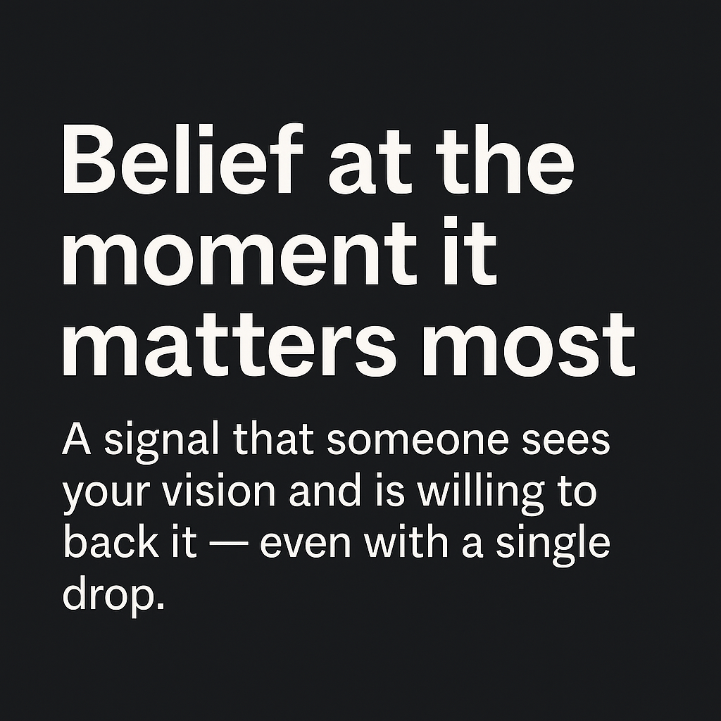 Inspirational quote about belief at the moment it matters most, on a black background with white text.