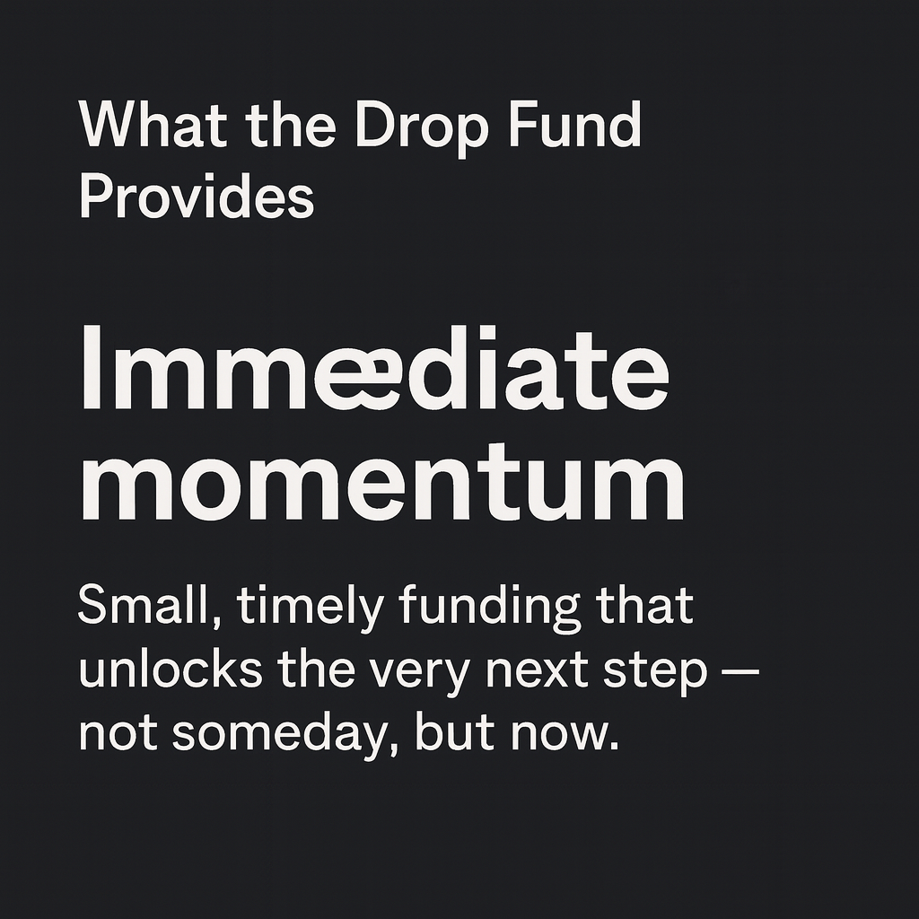 Text on a black background reads: "What the Drop Fund Provides Immediate momentum Small, timely funding that unlocks the very next step — not someday, but now."