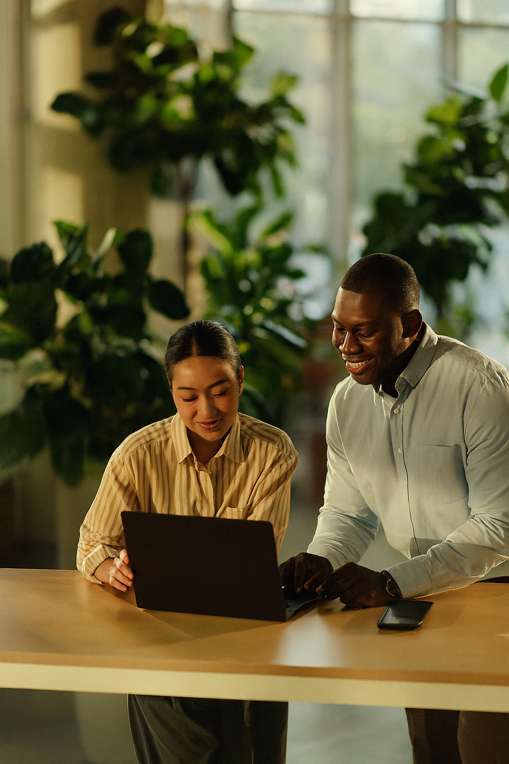 Two people, a woman and a man, are working together at a desk with a laptop in a bright, plant-filled office.
