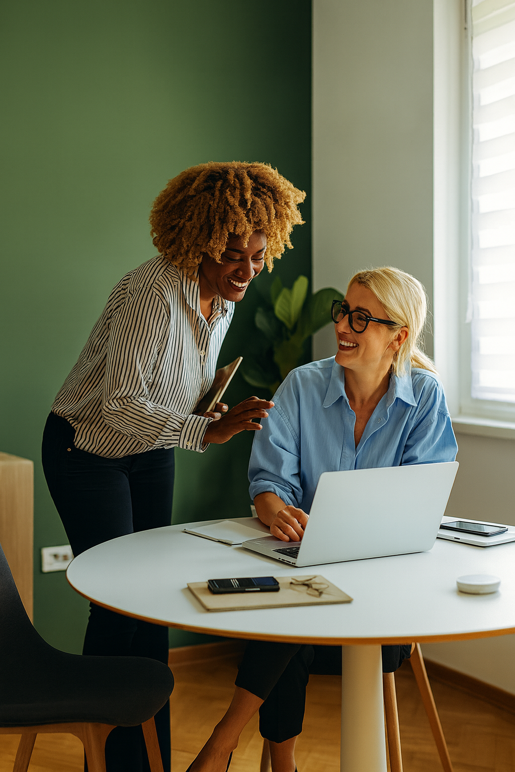 Two women are smiling and talking in an office. One woman with curly blonde hair is standing, holding a smartphone. The other woman with straight blonde hair, glasses, and a blue shirt is sitting at a round white table with a laptop and notebooks.
