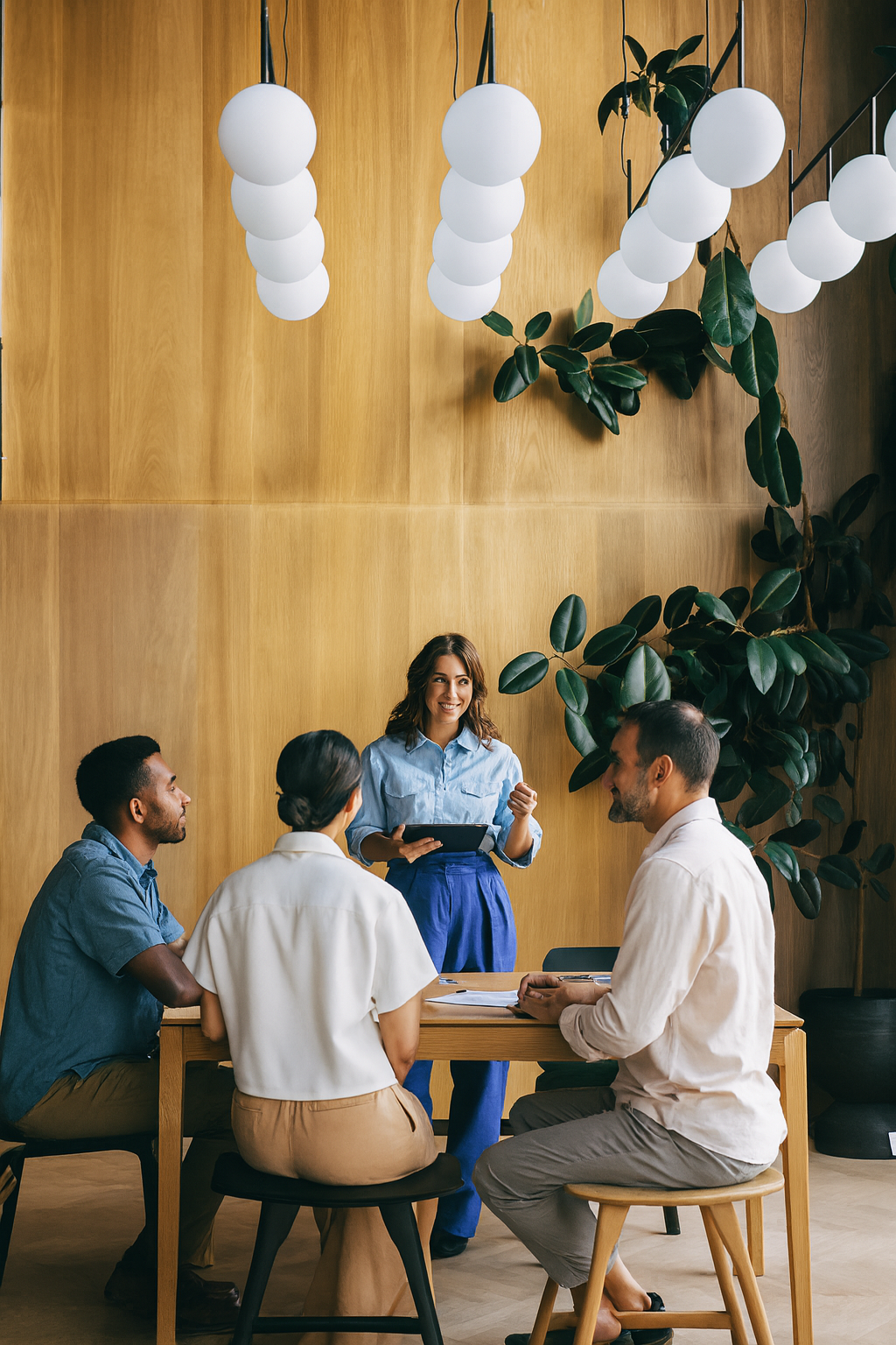 A woman standing and speaking to a group of three diverse colleagues seated at a table, with a wooden wall and large green plant in the background.