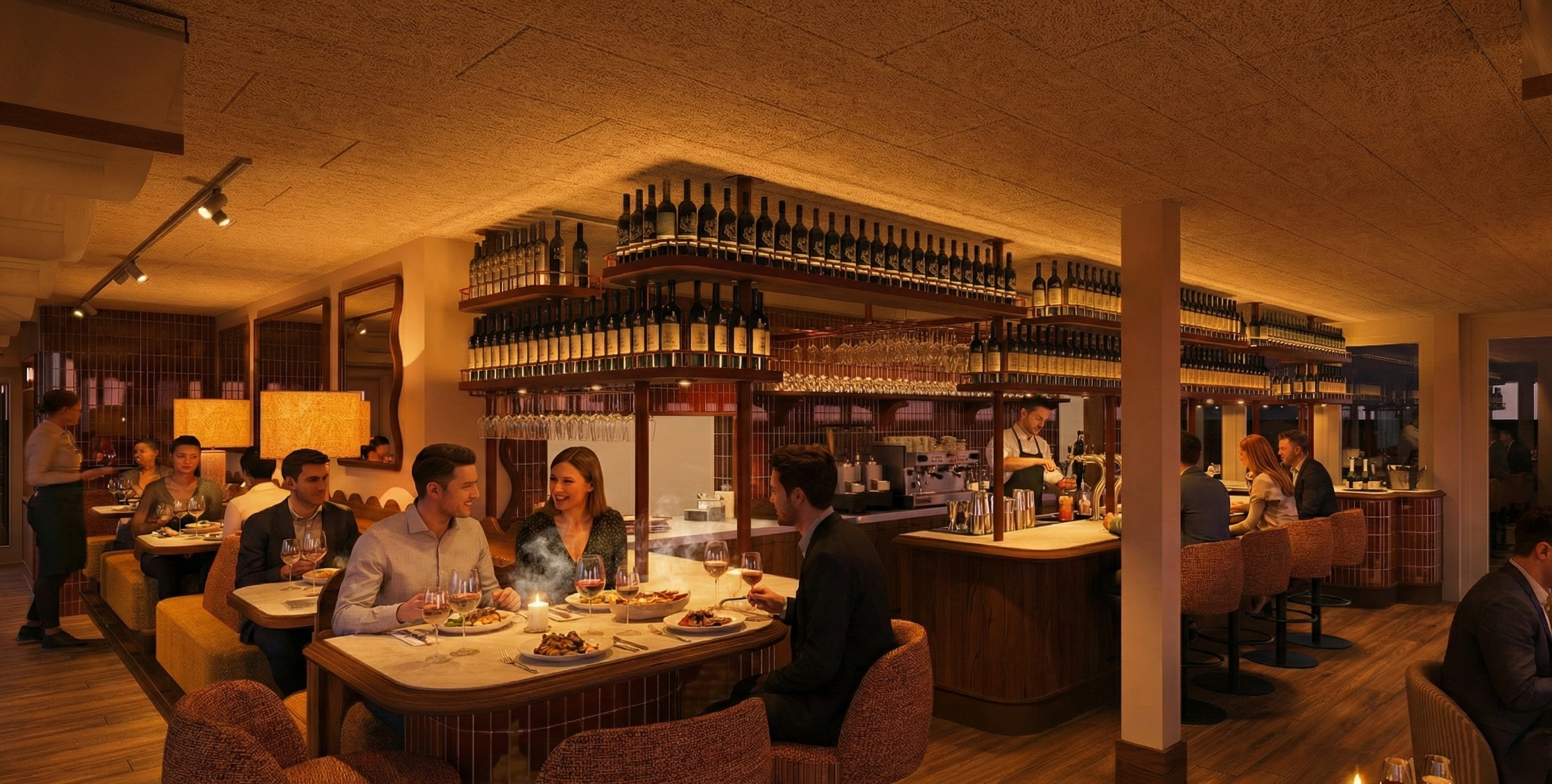 Binnen een restaurant met mensen die genieten van een diner, tafels met gerechten en wijn, bar met wijnflessen en glazen, warme sfeer met zachte verlichting.