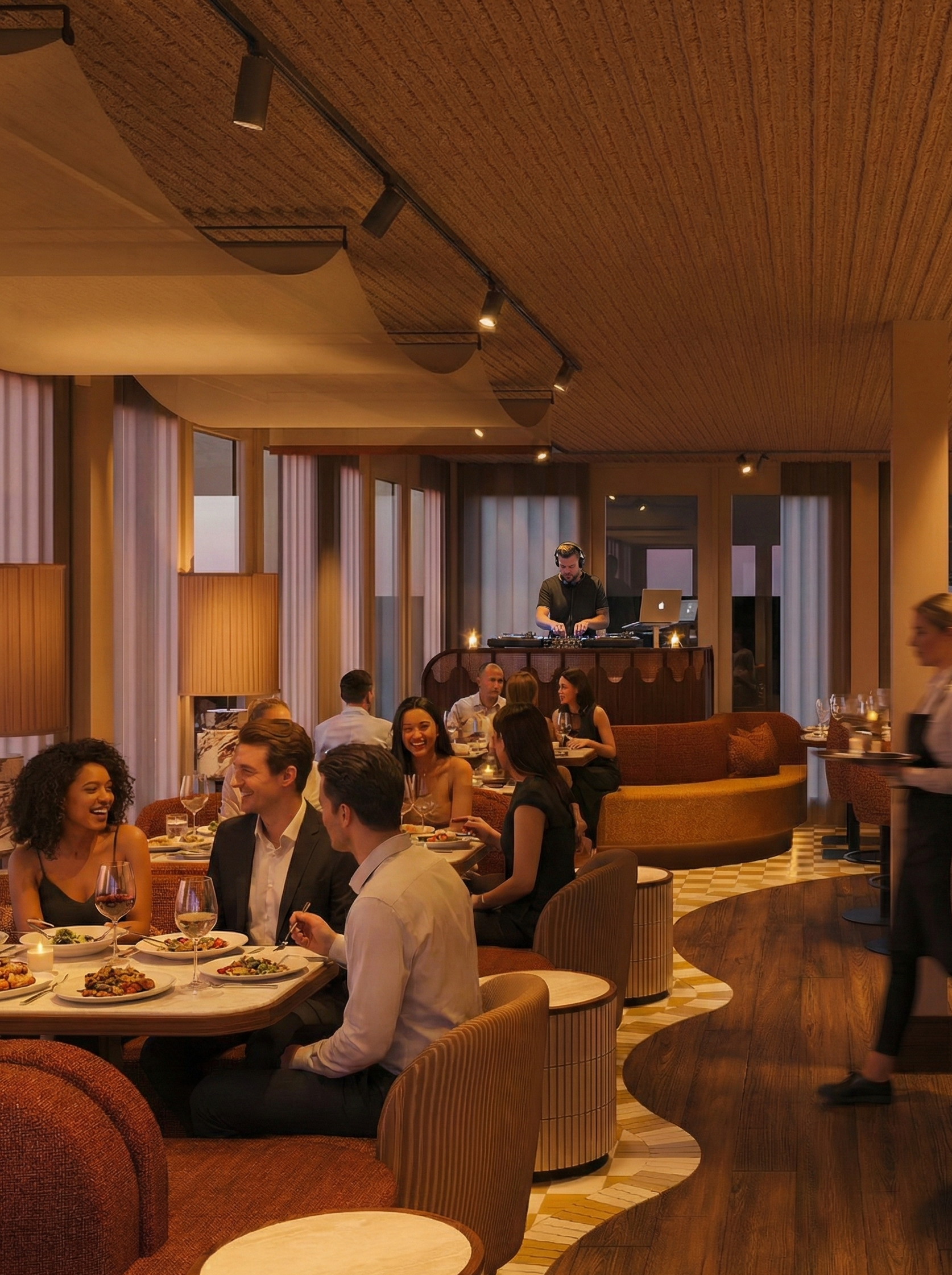 Gestima op een restaurant met mensen die genieten van een maaltijd, met een DJ die muziek draait op de achtergrond.